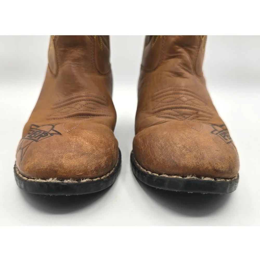 Old West Kids PBR Rodeo Tan Leather Cowboy Boots Toughest Sport on Dirt Size 3
